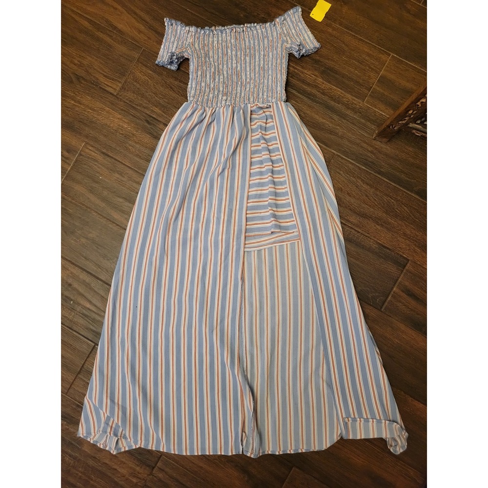 J for Justify Blue Orange Striped Smocked Off Shoulder Maxi Romper Dress Med 806